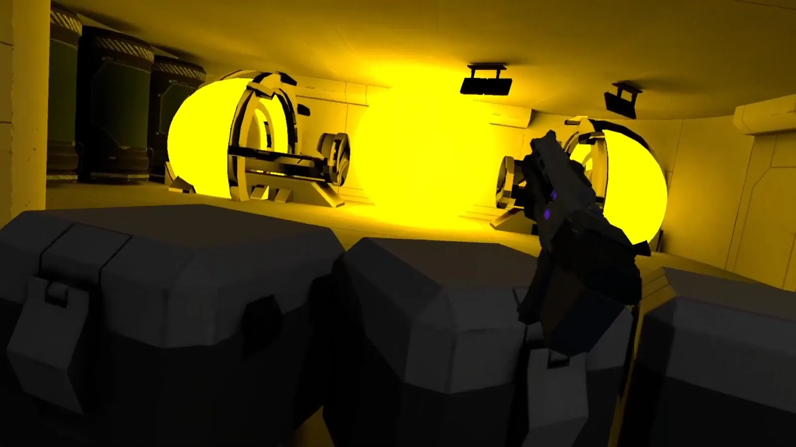 Bright yellow machinery and a robot in Destroy the Core