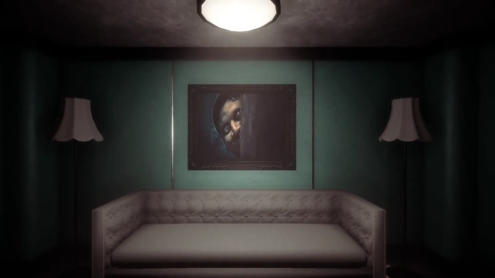 A dim green room in the first person puzzle game EXIT
