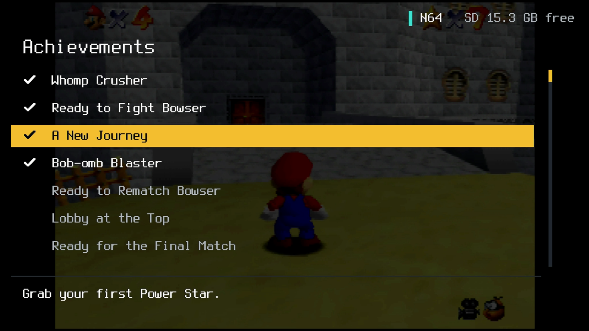 M64 firmware RetroAchievements list over live Super Mario 64 gameplay