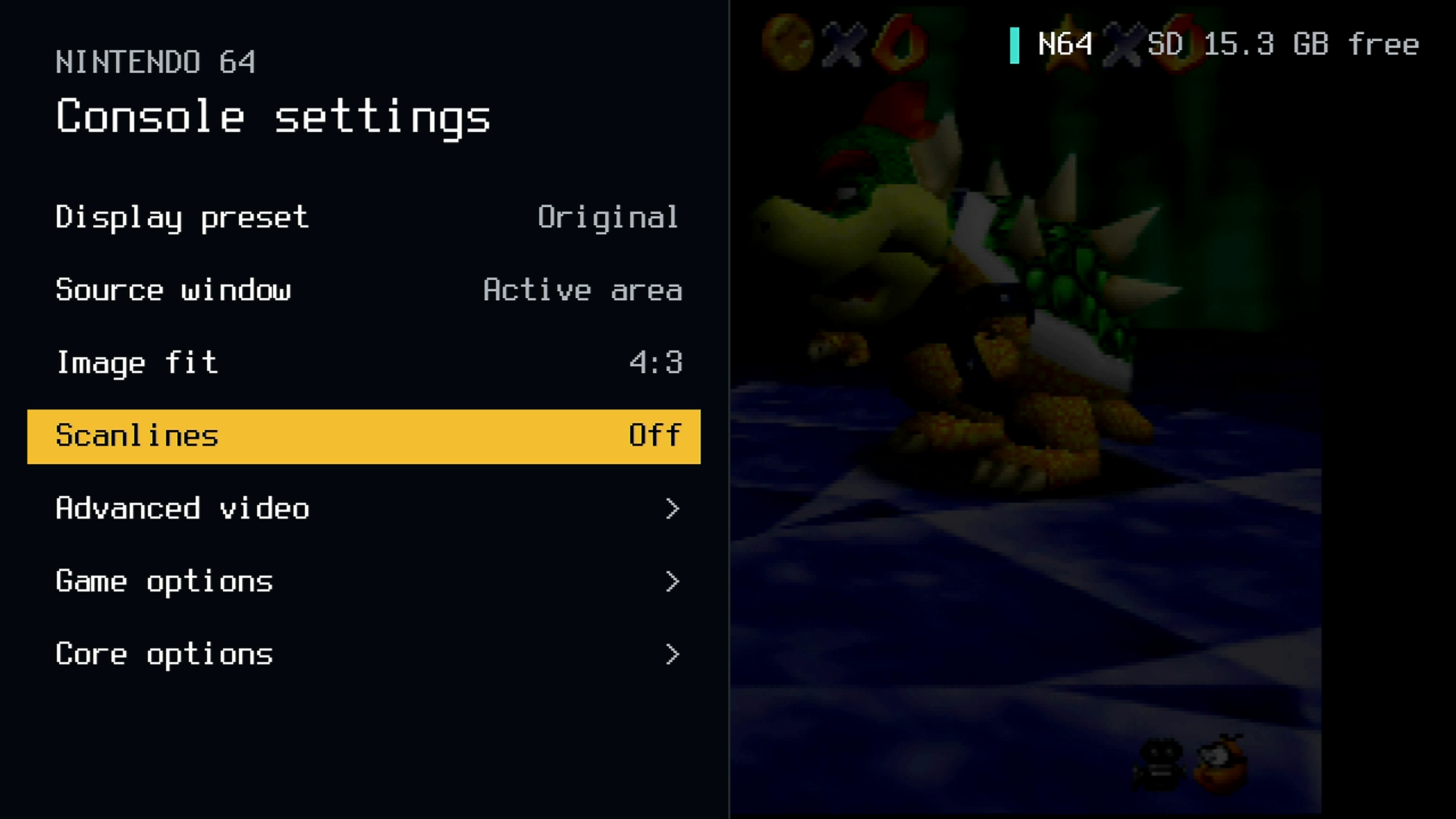 N64 console settings menu with scanlines, source window, and image fit over Super Mario 64