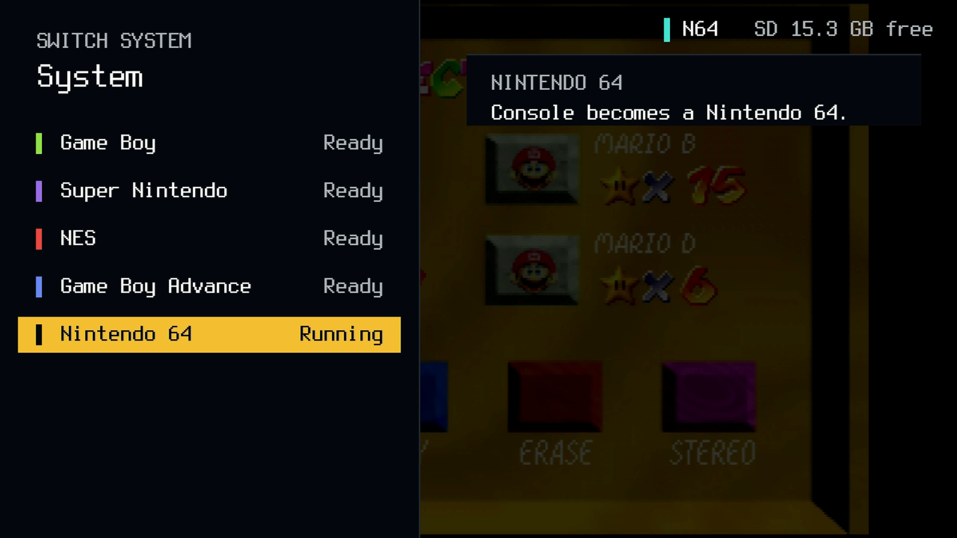 M64 system switcher with Nintendo 64 running and four other systems ready